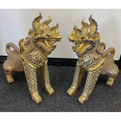 Pair large decorative wooden foo dogs with glass and sequin decoration ...