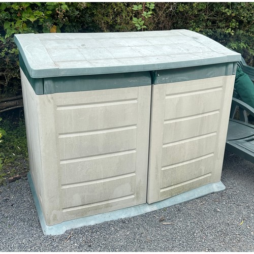 100L - Plastic outdoor storage unit measures approx 48 inches tall by 58 wide and 32 inches deep