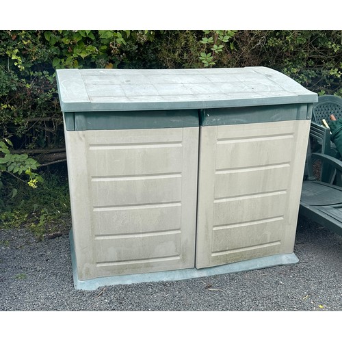 100L - Plastic outdoor storage unit measures approx 48 inches tall by 58 wide and 32 inches deep