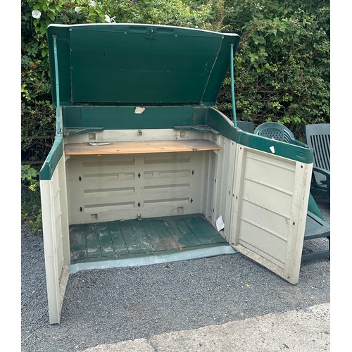 100L - Plastic outdoor storage unit measures approx 48 inches tall by 58 wide and 32 inches deep