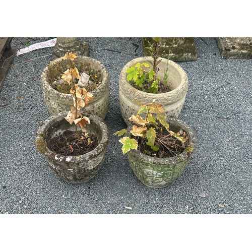 100T - Four concrete garden planters largest measures approx 13 inches tall x 13 diameter