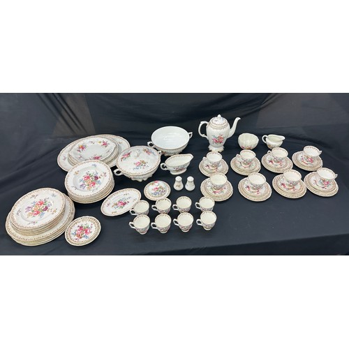 74 - Crown Staffordshire dinner and coffee set, damage to sugar bowl lid, all other pieces in good overal... 