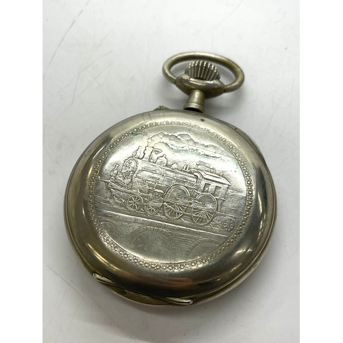 507 - Goliath railway pocket watch by Glashutte. Diameter of case 6.7 cm winds up and ticks. The back deco... 