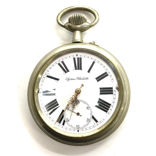 507 - Goliath railway pocket watch by Glashutte. Diameter of case 6.7 cm winds up and ticks. The back deco... 