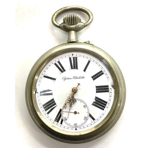 507 - Goliath railway pocket watch by Glashutte. Diameter of case 6.7 cm winds up and ticks. The back deco... 