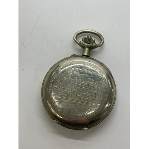 507 - Goliath railway pocket watch by Glashutte. Diameter of case 6.7 cm winds up and ticks. The back deco... 