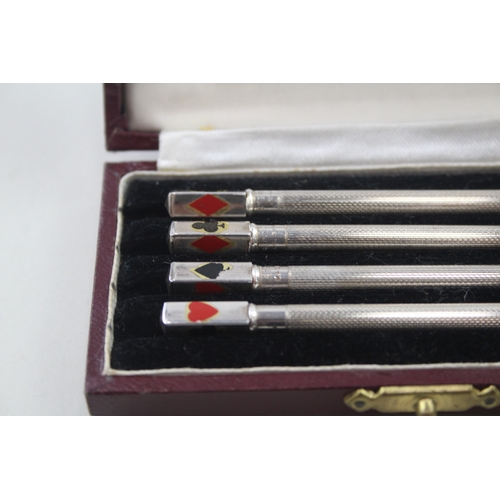 39 - 4 x .925 sterling cribbage pencils w/ enamel detail, box