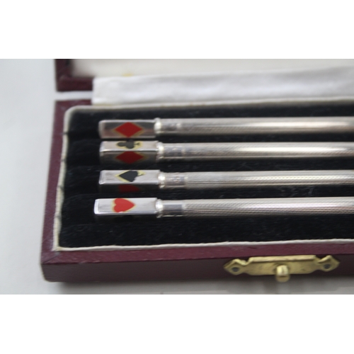 39 - 4 x .925 sterling cribbage pencils w/ enamel detail, box