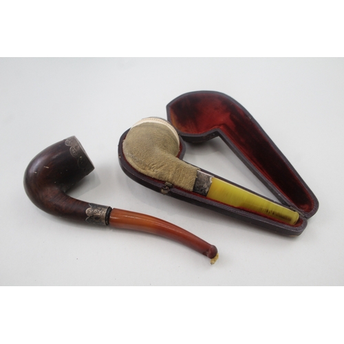 72 - 2 x .925 sterling silver banded estate pipes inc meerschaum, cased etc