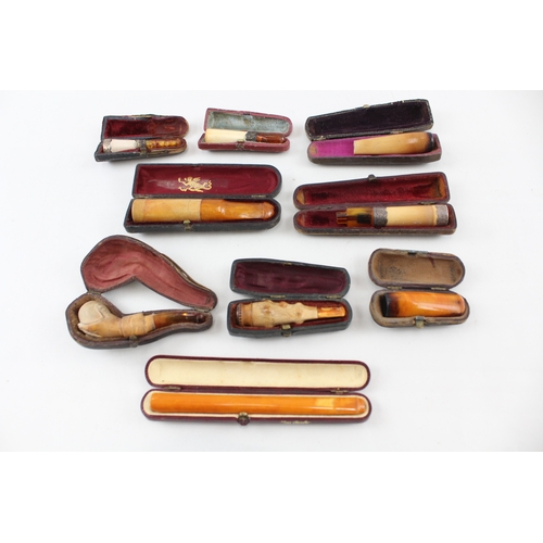 416 - Cheroot Cigarette Cigar Holders Job Lot Amber Meerschaum Antique Cased x 9