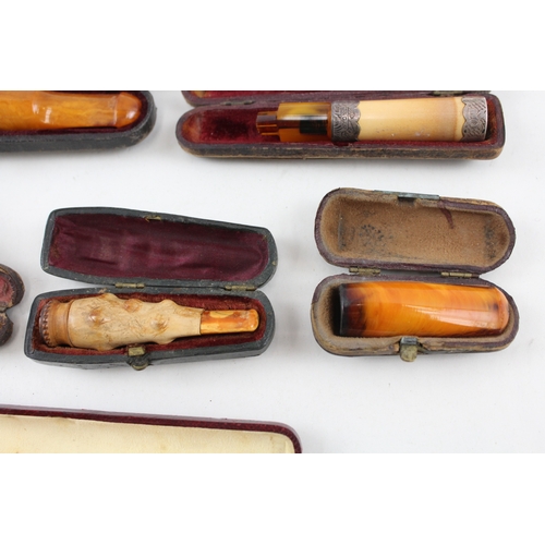 416 - Cheroot Cigarette Cigar Holders Job Lot Amber Meerschaum Antique Cased x 9