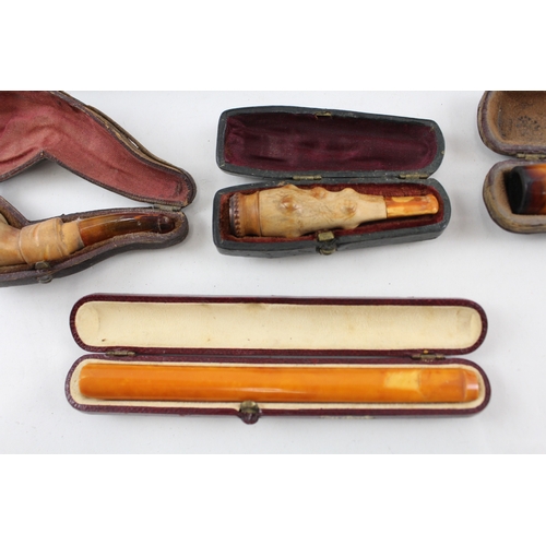 416 - Cheroot Cigarette Cigar Holders Job Lot Amber Meerschaum Antique Cased x 9