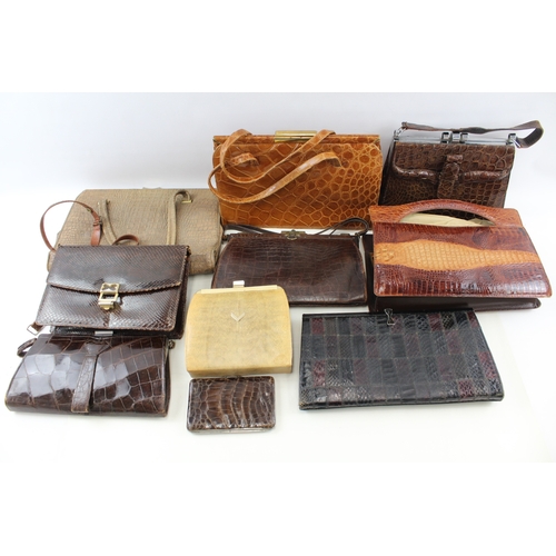 417 - Job lot Of Assorted Leather / Animal Skin Handbags & Purses Vintage Collection