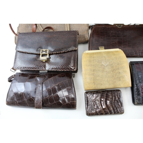 417 - Job lot Of Assorted Leather / Animal Skin Handbags & Purses Vintage Collection