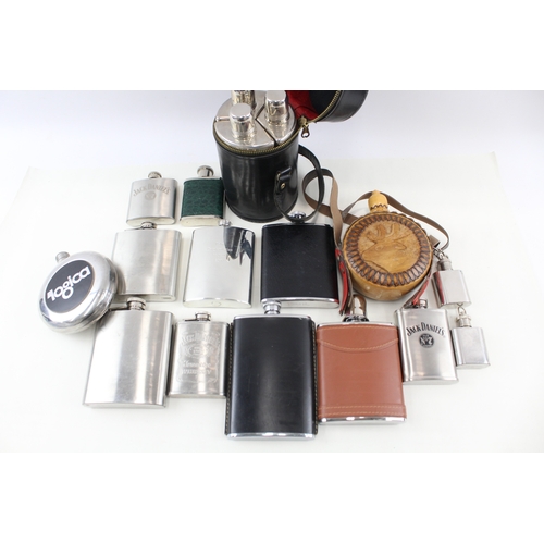 419 - Breweriana Hip Flasks Inc Advertising, Stainless Steel, Leather Case, Etc x 15