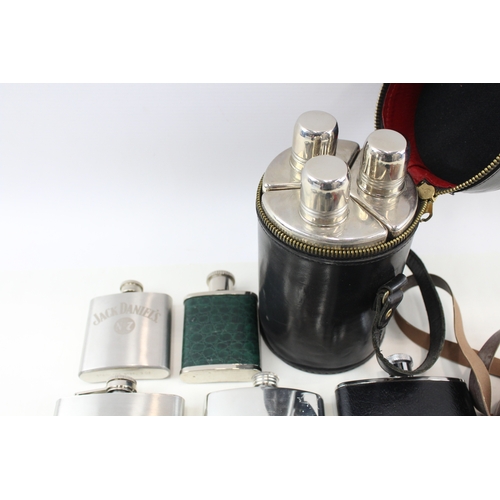 419 - Breweriana Hip Flasks Inc Advertising, Stainless Steel, Leather Case, Etc x 15