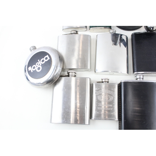 419 - Breweriana Hip Flasks Inc Advertising, Stainless Steel, Leather Case, Etc x 15