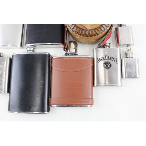 419 - Breweriana Hip Flasks Inc Advertising, Stainless Steel, Leather Case, Etc x 15