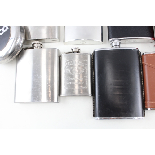 419 - Breweriana Hip Flasks Inc Advertising, Stainless Steel, Leather Case, Etc x 15