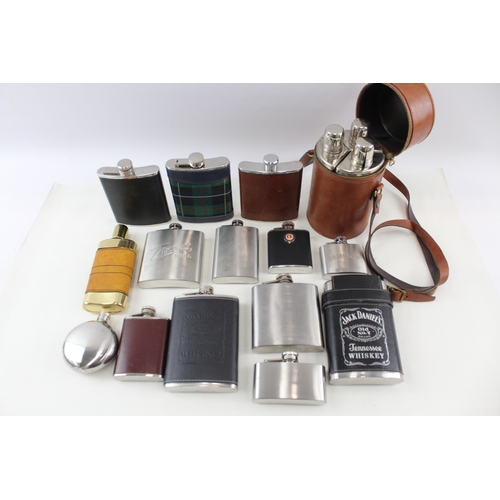 420 - Breweriana Hip Flasks Inc Stainless Steel, Advertising, Leather, Etc x 15