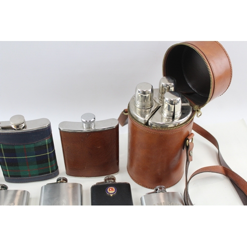 420 - Breweriana Hip Flasks Inc Stainless Steel, Advertising, Leather, Etc x 15