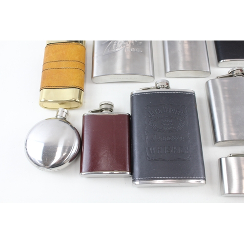 420 - Breweriana Hip Flasks Inc Stainless Steel, Advertising, Leather, Etc x 15