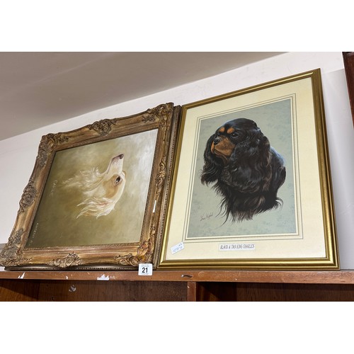 21 - Gilt framed oil on canvas and a print both depicting a dog largest measures approximately 25 inches ... 