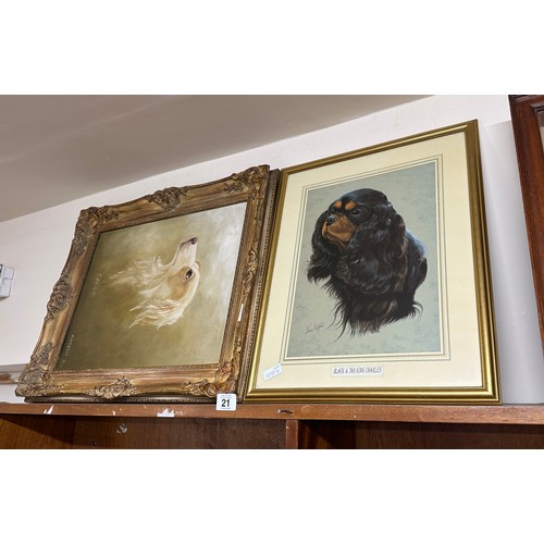 21 - Gilt framed oil on canvas and a print both depicting a dog largest measures approximately 25 inches ... 