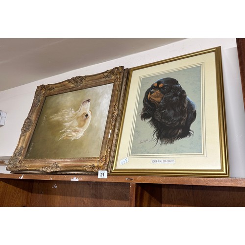 21 - Gilt framed oil on canvas and a print both depicting a dog largest measures approximately 25 inches ... 