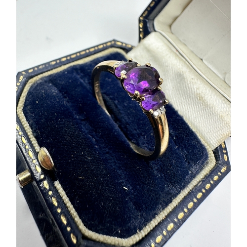 147 - 9ct gold amethyst & diamond ring weight 2.7g