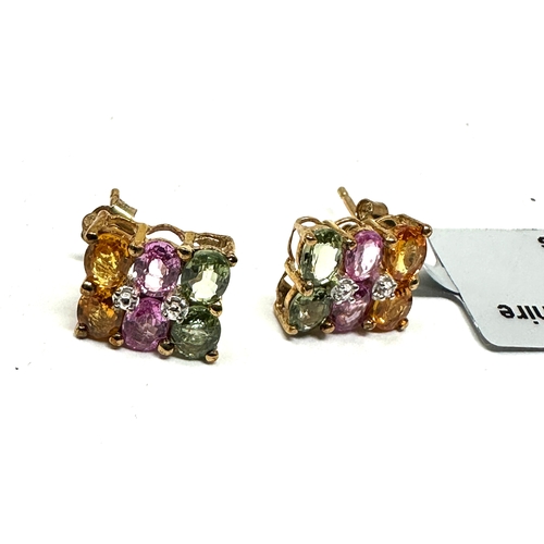 165 - 9ct gold pink yellow green sapphire earrings weight 1.7g