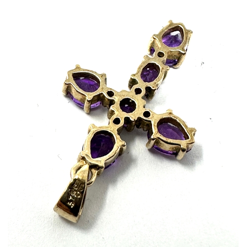 166 - 9ct gold amethyst & diamond cross measures approx 3cm drop 1.5cm wide weight 1.8g