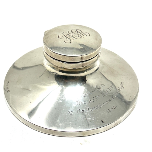 29 - Large antique silver desk ink well measures approx 14cm diameter presentation engraved 1930