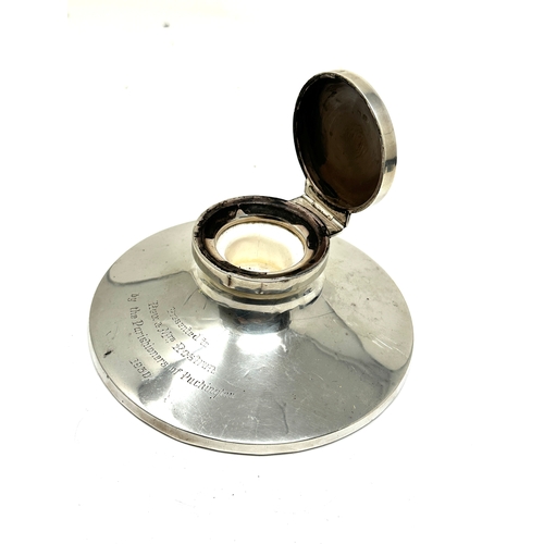 29 - Large antique silver desk ink well measures approx 14cm diameter presentation engraved 1930