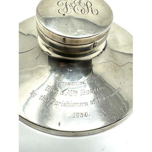 29 - Large antique silver desk ink well measures approx 14cm diameter presentation engraved 1930