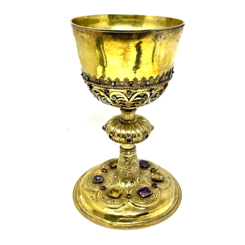 1 - Fine large antique silver Vermeil gemstone set chalice measures approx 24cm high base measures 16cm ... 