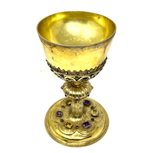 1 - Fine large antique silver Vermeil gemstone set chalice measures approx 24cm high base measures 16cm ... 