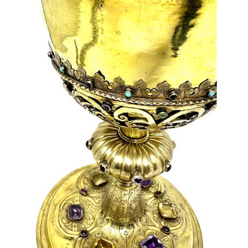 1 - Fine large antique silver Vermeil gemstone set chalice measures approx 24cm high base measures 16cm ... 