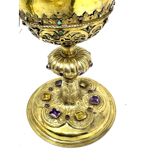 1 - Fine large antique silver Vermeil gemstone set chalice measures approx 24cm high base measures 16cm ... 