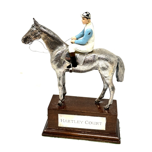 2 - Fine hallmarked silver race horse & enamel jockey on wooden base hartley court measures approx heigh... 