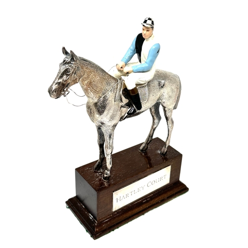 2 - Fine hallmarked silver race horse & enamel jockey on wooden base hartley court measures approx heigh... 