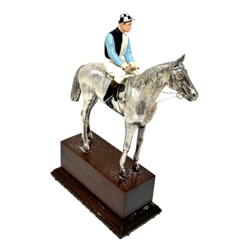 2 - Fine hallmarked silver race horse & enamel jockey on wooden base hartley court measures approx heigh... 