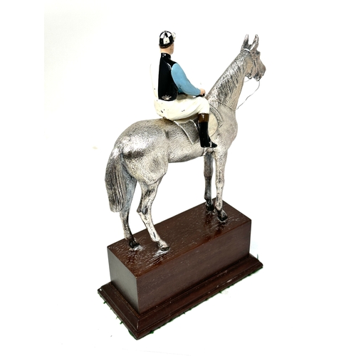 2 - Fine hallmarked silver race horse & enamel jockey on wooden base hartley court measures approx heigh... 