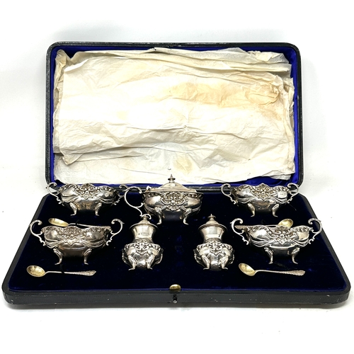 17 - Fine antique boxed silver 11 piece cruet set Birmingham silver hallmarks silver weight 400g