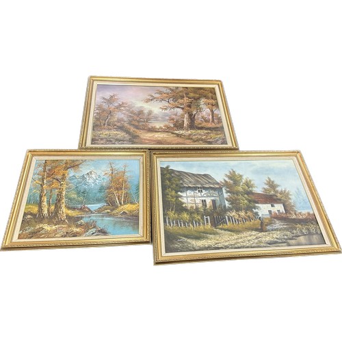 138 - Three gilt framed paintings two signed largest measures approx 28 inches long by 48 wide