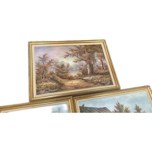 138 - Three gilt framed paintings two signed largest measures approx 28 inches long by 48 wide