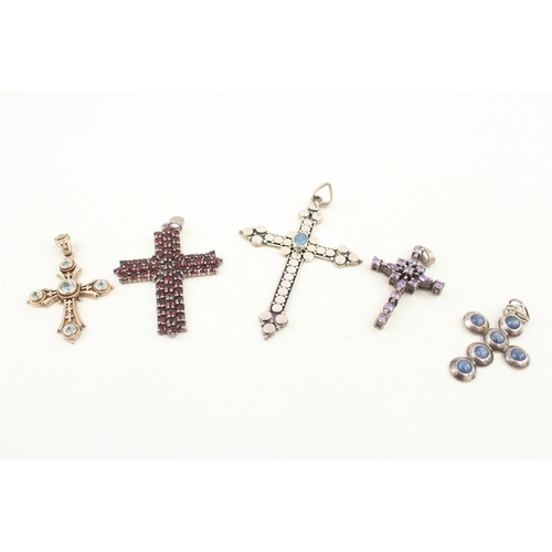 447 - Five silver stone set cross pendants (40g)