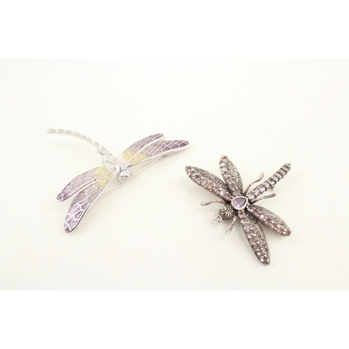 487 - Two silver dragonfly brooches, one featuring plique a jour enamel (31g)