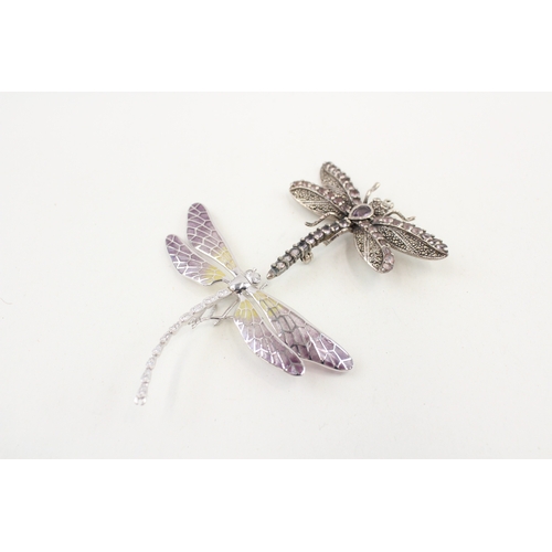 487 - Two silver dragonfly brooches, one featuring plique a jour enamel (31g)