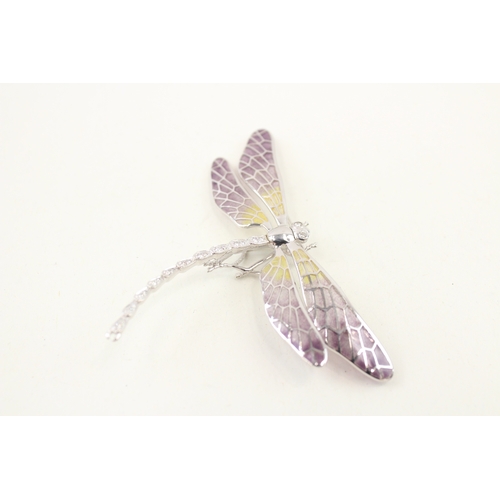 487 - Two silver dragonfly brooches, one featuring plique a jour enamel (31g)